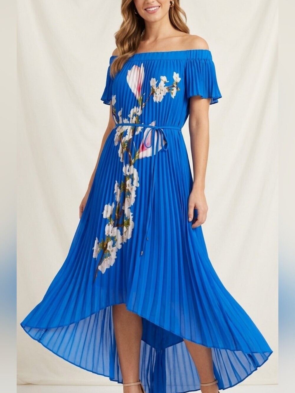 ​Ted Baker London Melma Blue Floral Pleated Off-Shoulder High-Low Maxi Dress